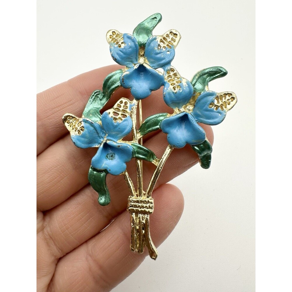 Vintage Blue Enamel Flower Pin Brooch Gold Tone